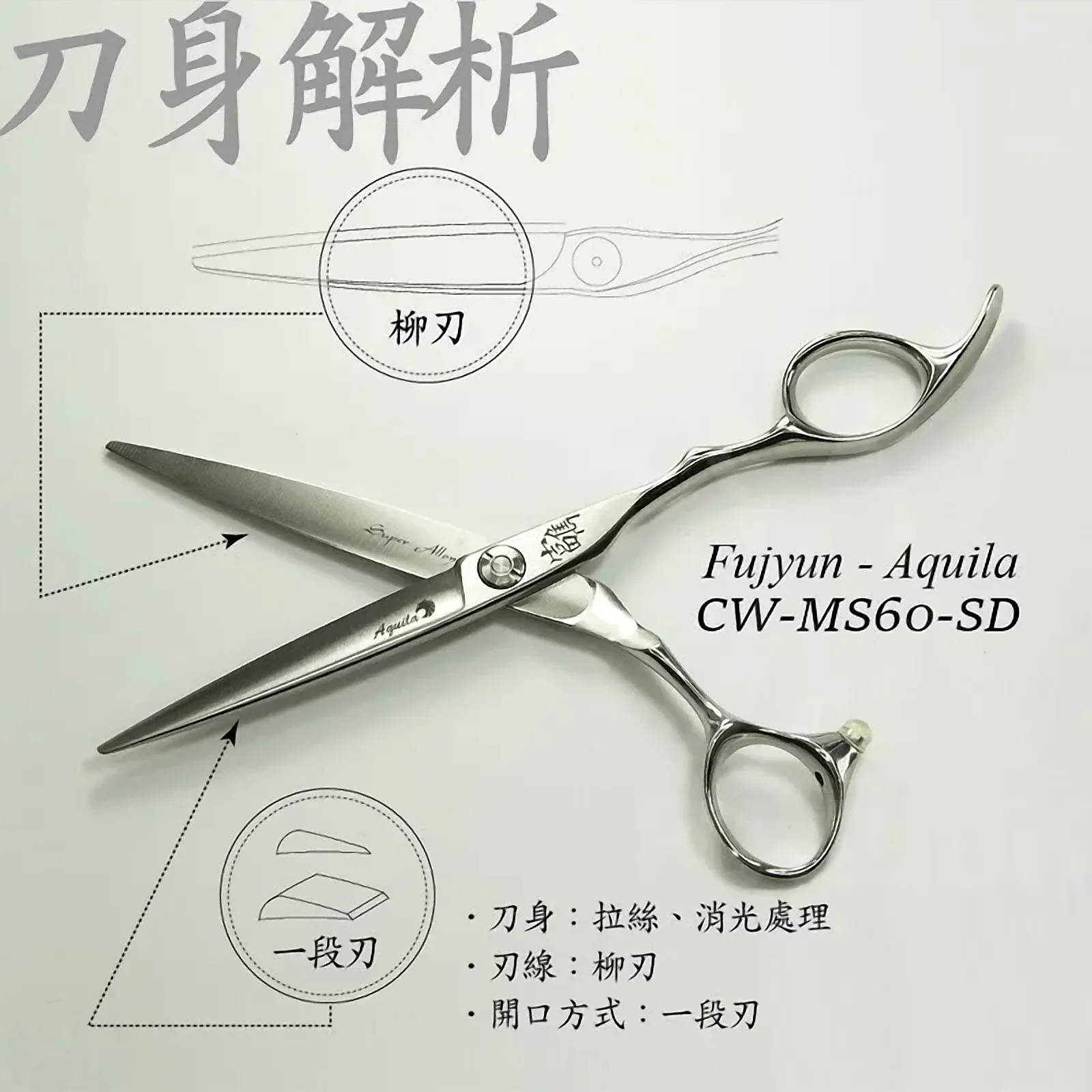 CW-MS60-SD 平剪與細節剪：商品實拍照片，呈現此款剪刀的刀身、握柄、螺絲或細節角度。