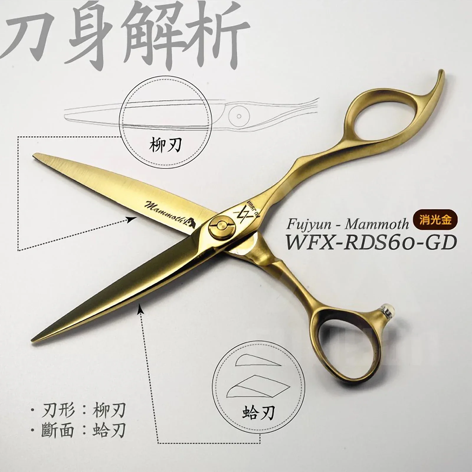 WFX-RDS60Gd 柳刃剪與滑剪：商品實拍照片，呈現此款剪刀的刀身、握柄、螺絲或細節角度。